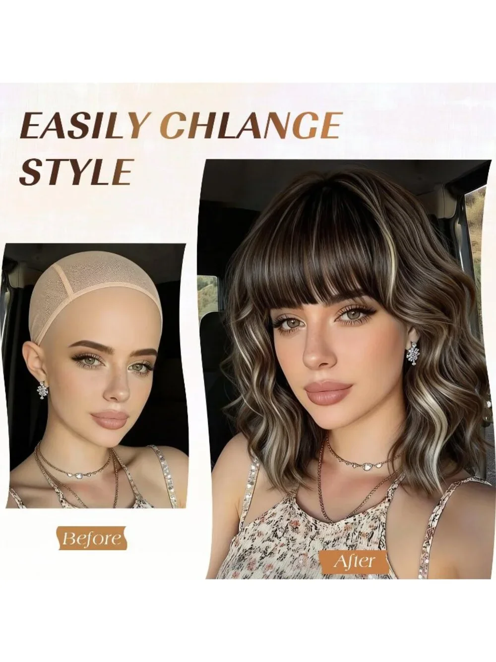 Women's Light Brown 14 Inch Natural Synthetic Short Curly Wavy Fiber Wigs